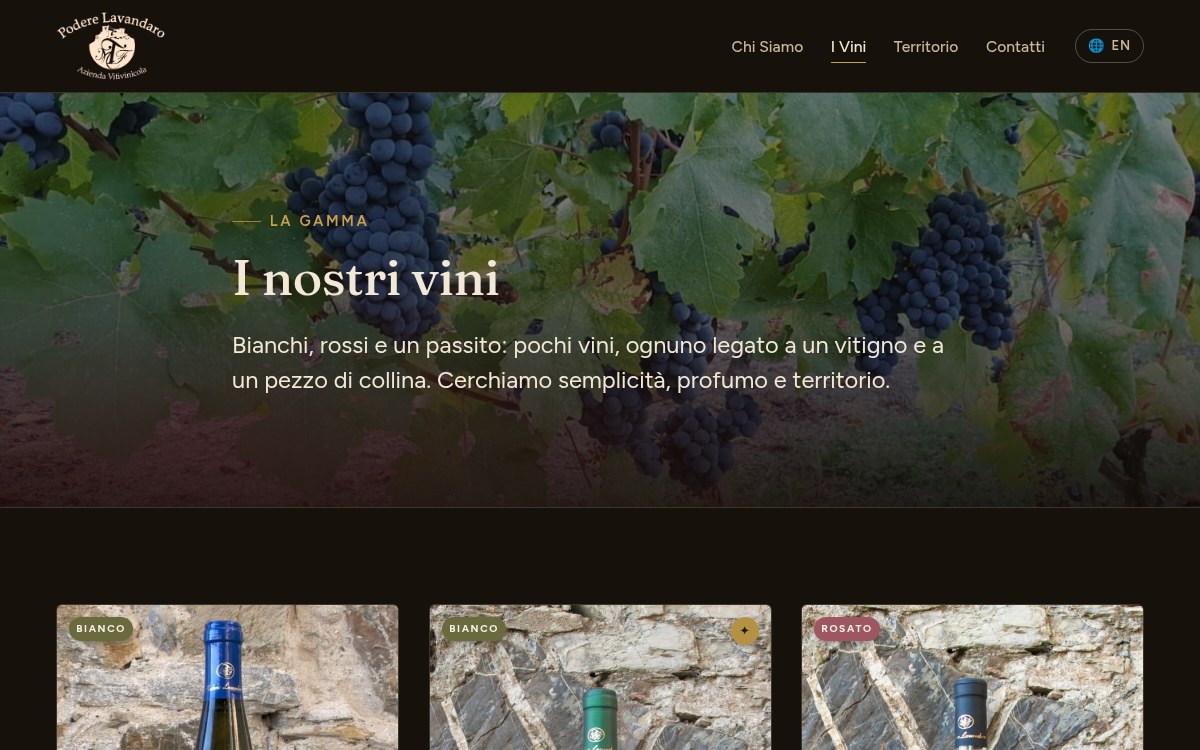 La gamma: pochi vini, ognuno con la sua scheda.